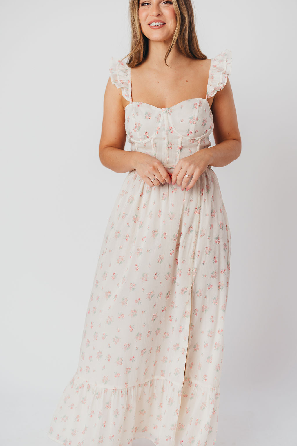 Rosamund Bustier Style Maxi Dress - Blush Pink Floral Print, Plus Size (S-3XL) | Wedding Guest Dress, Summer Beach Dress, Formal Occasion Outfit