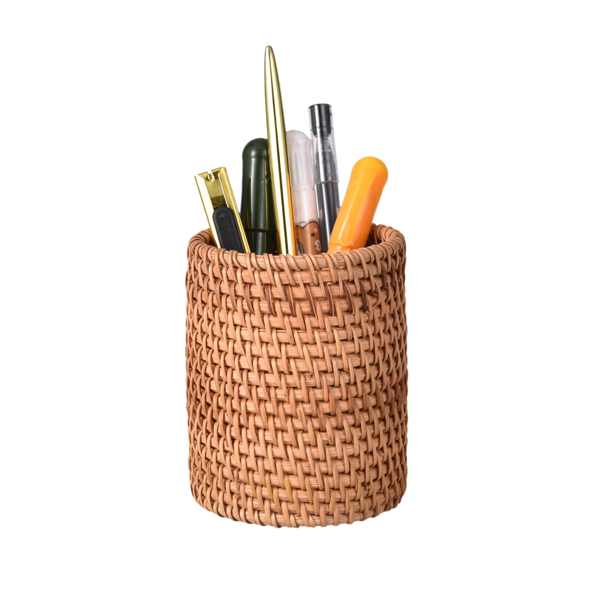 Handmade Rattan Pencil Holder & Makeup Brush Organizer - Natural Wicker Pen Cup for Office Desk, Home Study, and Vanity Storage | Perfect for School Supplies, Cosmetics, and Stationery Organization
