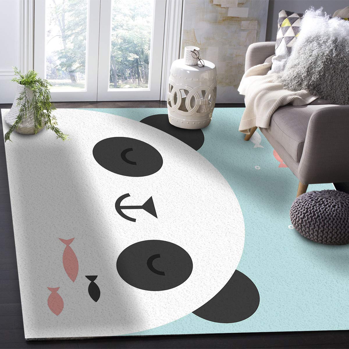 Queen Size Cartoon Non-Slip Rug Pad - 5' x 8' Felt Underlay for Hardwood Floors & All Floor Types | Happy Panda Bear & Fish Design | Perfect for Living Room, Bedroom & Nursery Safety