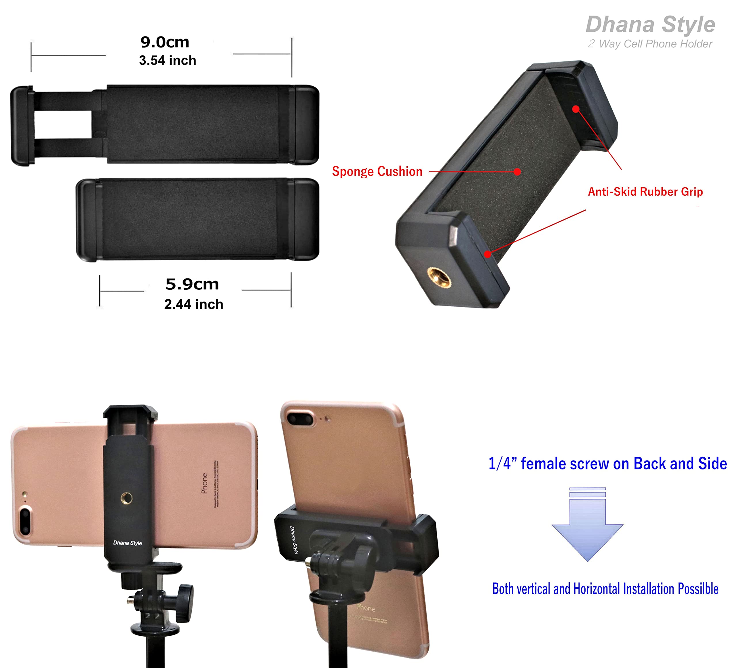 2-Way Adjustable Smartphone Tripod Mount Holder - 1/4