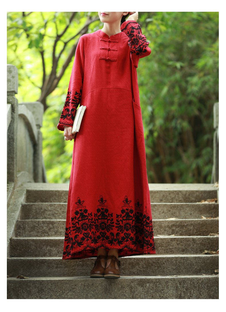 Elegant Women's Floral Embroidered Chinese Style Long Sleeve Maxi Dress - Perfect for Casual Wear, Parties, and Special Occasions