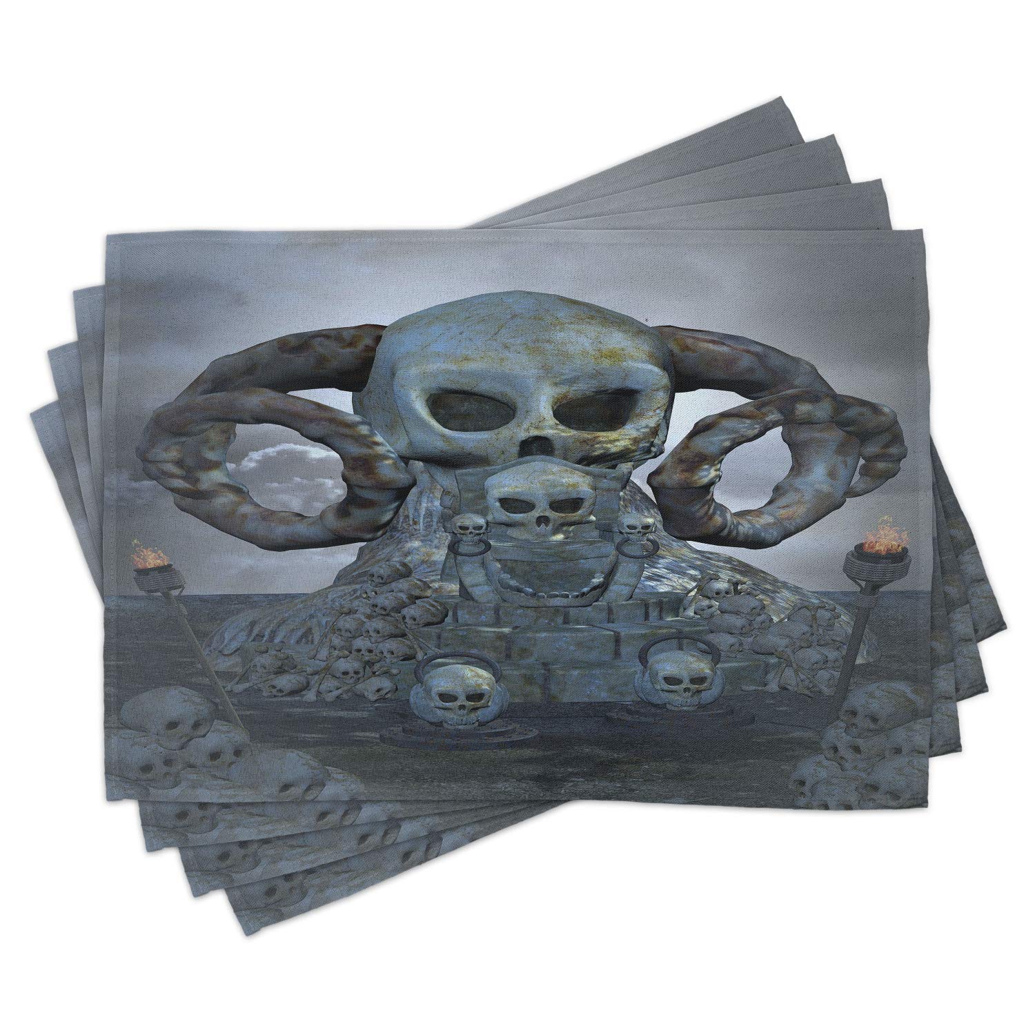 Ambesonne Skull Place Mats Set of 4 - Gothic Halloween Table Decor with Skulls, Horns & Torches - Washable Fabric Placemats for Dining Room, Kitchen, or Halloween Party - Blue Grey Grey