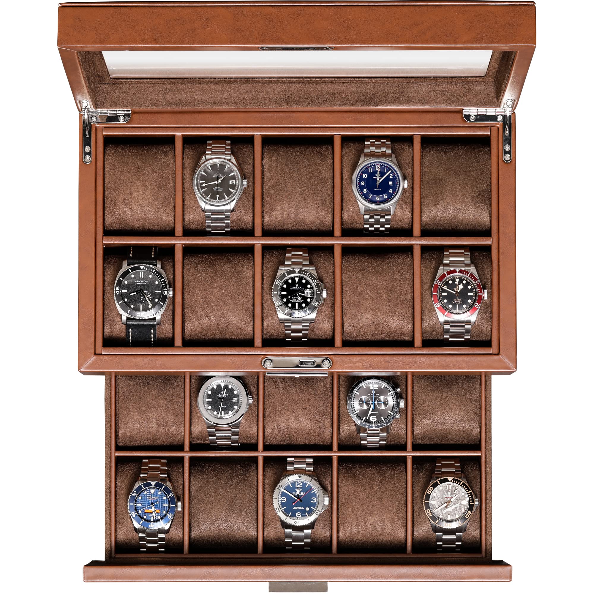 Premium ROTHWELL 20-Slot Leather Watch Box - Luxury Jewelry Organizer with Locking Glass Top Display Case - Watch Storage for Men & Women (Tan/Brown) - Perfect for Home, Office & Travel Watch Collection Display