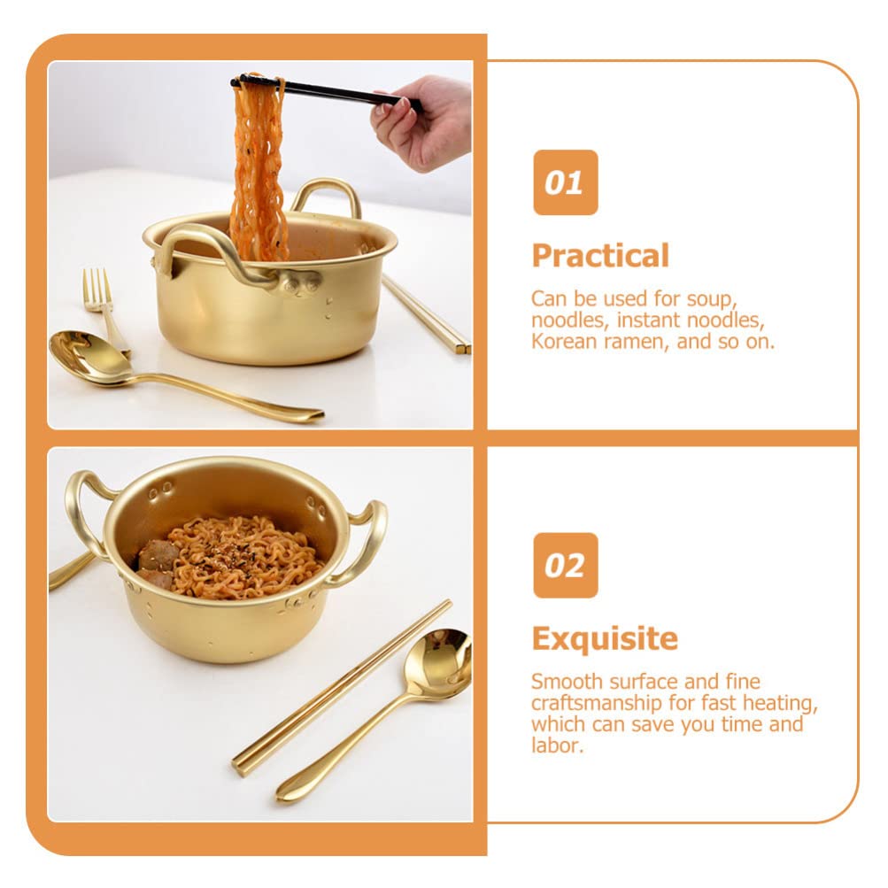 Korean Instant Noodle Pot Set - Golden Aluminum Cookware with Spoon | Hemoton Multifunctional Kitchen Accessories for Home, Picnic & Camping | Durable Korean-Style Cookware for Ramen, Soup & Hot Pot