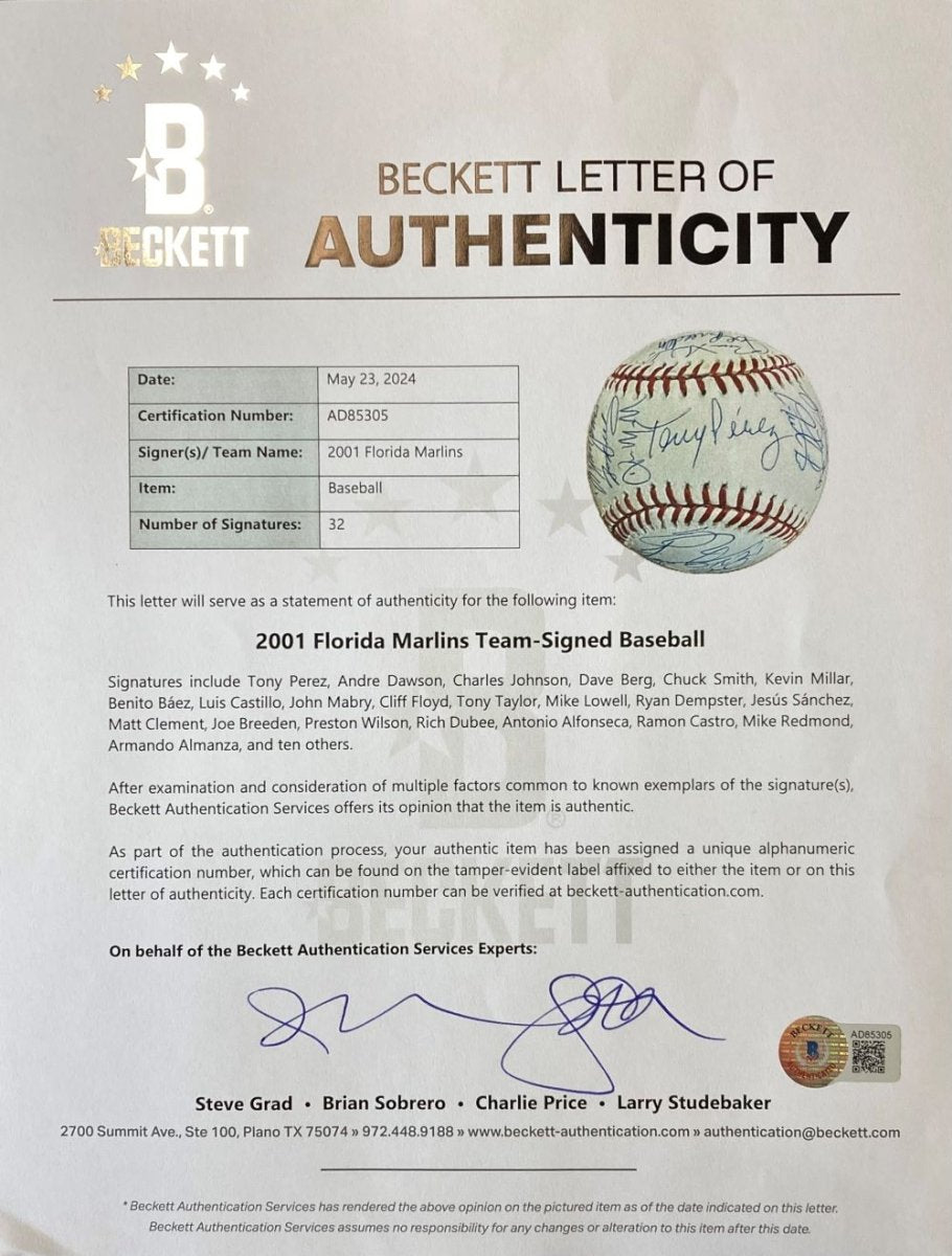 2001 Florida Marlins Team Signed Rawlings Official MLB Baseball with LOA - Perfect for Sports Memorabilia Collectors, Fan Gifts, and Baseball Display Cases