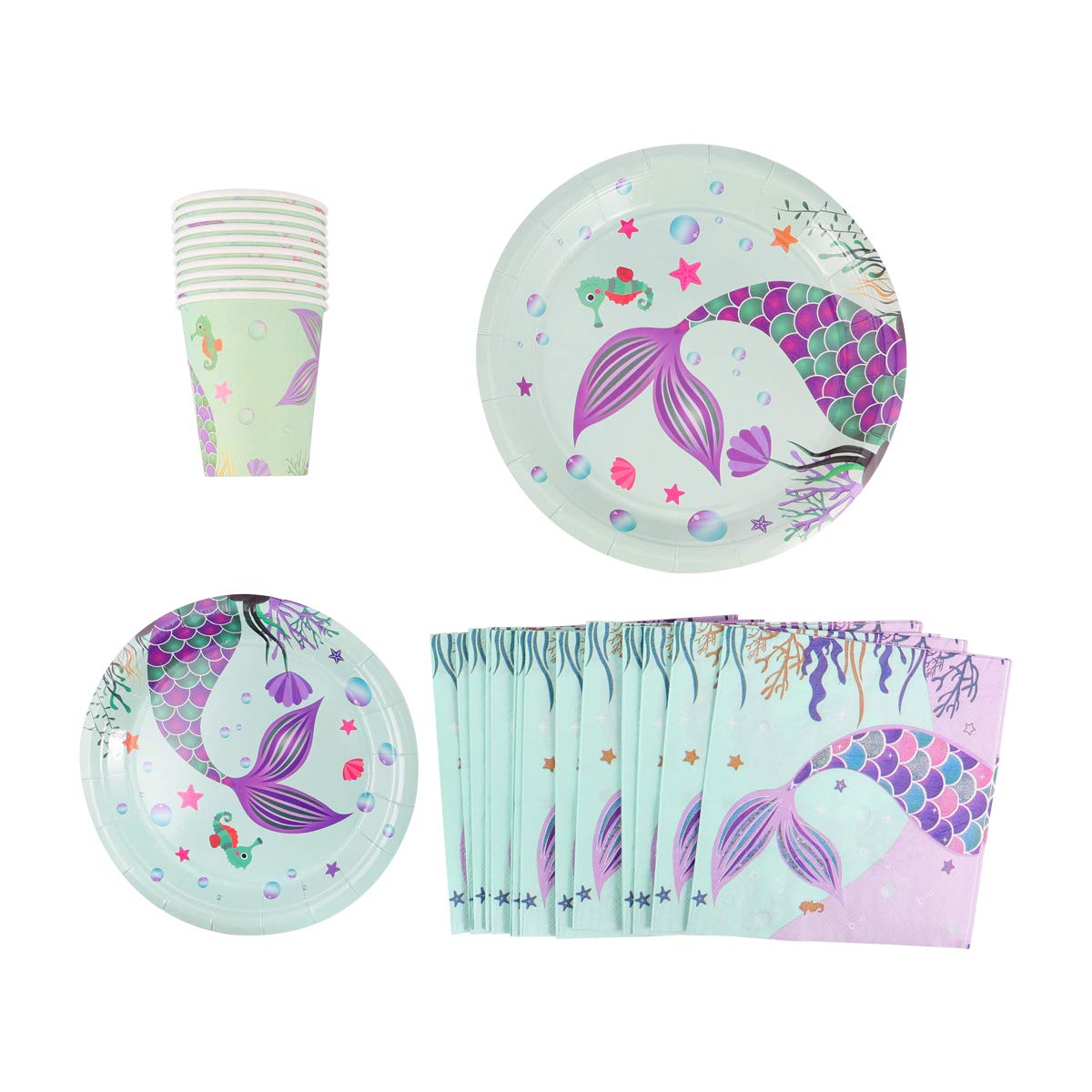 Amosfun Mermaid Themed Party Supplies - 20-Pack Disposable Paper Plates & Cups Set for Birthday, Baby Shower, Pool Party Decorations | Ocean Theme Party Decor