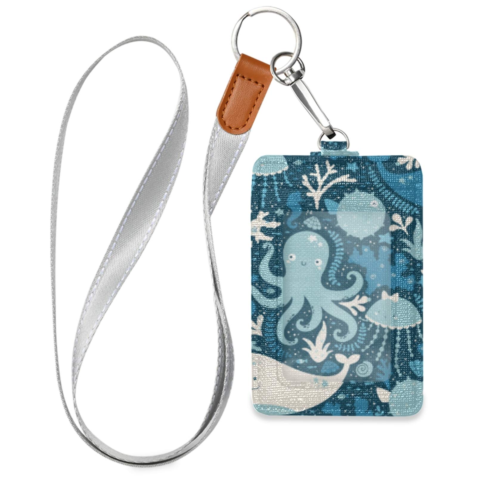 **Premium PU Leather Whale & Octopus ID Badge Holder - Waterproof Card Case Wallet with Adjustable Neck Lanyard & Key Ring - Perfect for Work, School, Events & Travel**