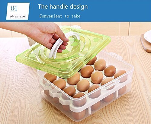 Double Layer All-in-One Egg Storage Box - 32 Grid Plastic Egg Holder with Tray, Food Storage Container & Vegetable Basket - Durable Green Kitchen Organizer for Refrigerator, Pantry & Farm Fresh Eggs