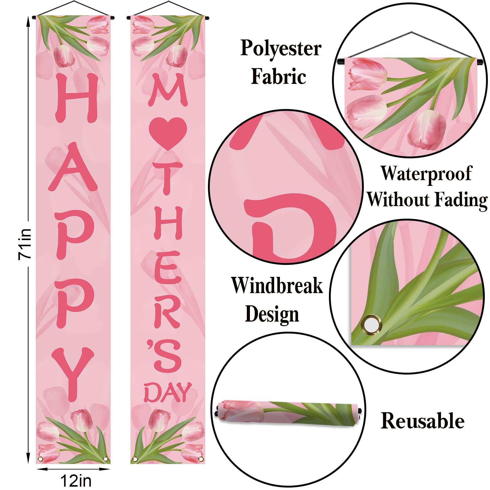 Happy Mother's Day Porch Banner - Pink Heart Welcome Sign for Best Mom Ever, Front Door Wall Hanging Decor for Holiday Parties & Home Celebration