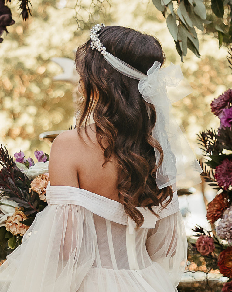 Elegant Wedding & Bridal Crystal Garland Headpiece with Tulle Bow - Titania by Kezani | Perfect for Brides, Bridesmaids & Special Occasions