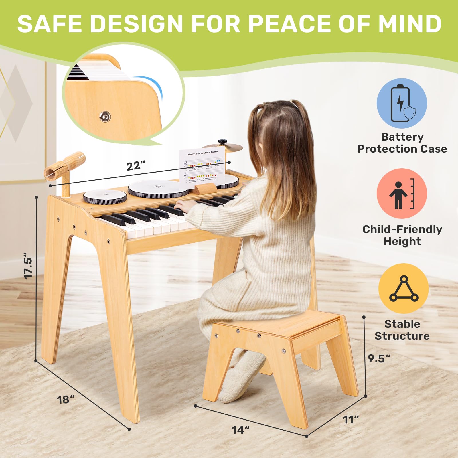 OATHX 37-Key Kids Piano Keyboard with Drum Set & Stool - Adjustable Volume, 9-in-1 Musical Toy for Toddlers & Children Ages 3+ | Wooden Mini Piano Gift for Boys & Girls | Perfect for Birthday Gifts, Early Music Education & Home Play