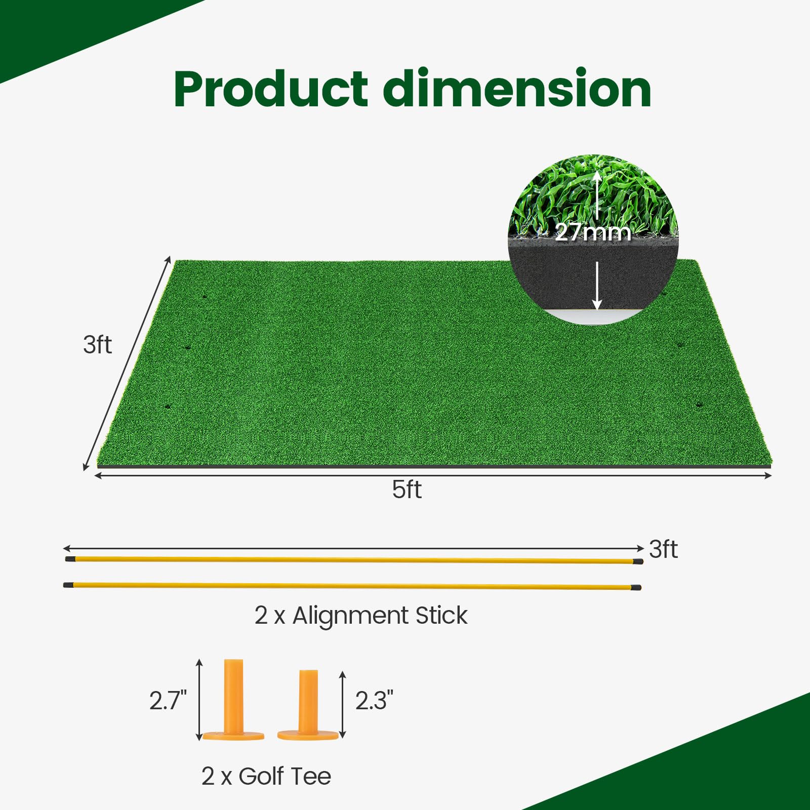 Tangkula Premium Golf Hitting Mat - Artificial Turf Practice Mat for Indoor/Outdoor Golf Training with 2 Rubber Tees & 2 Alignment Sticks - Perfect for Home, Backyard, Garage & Office Use