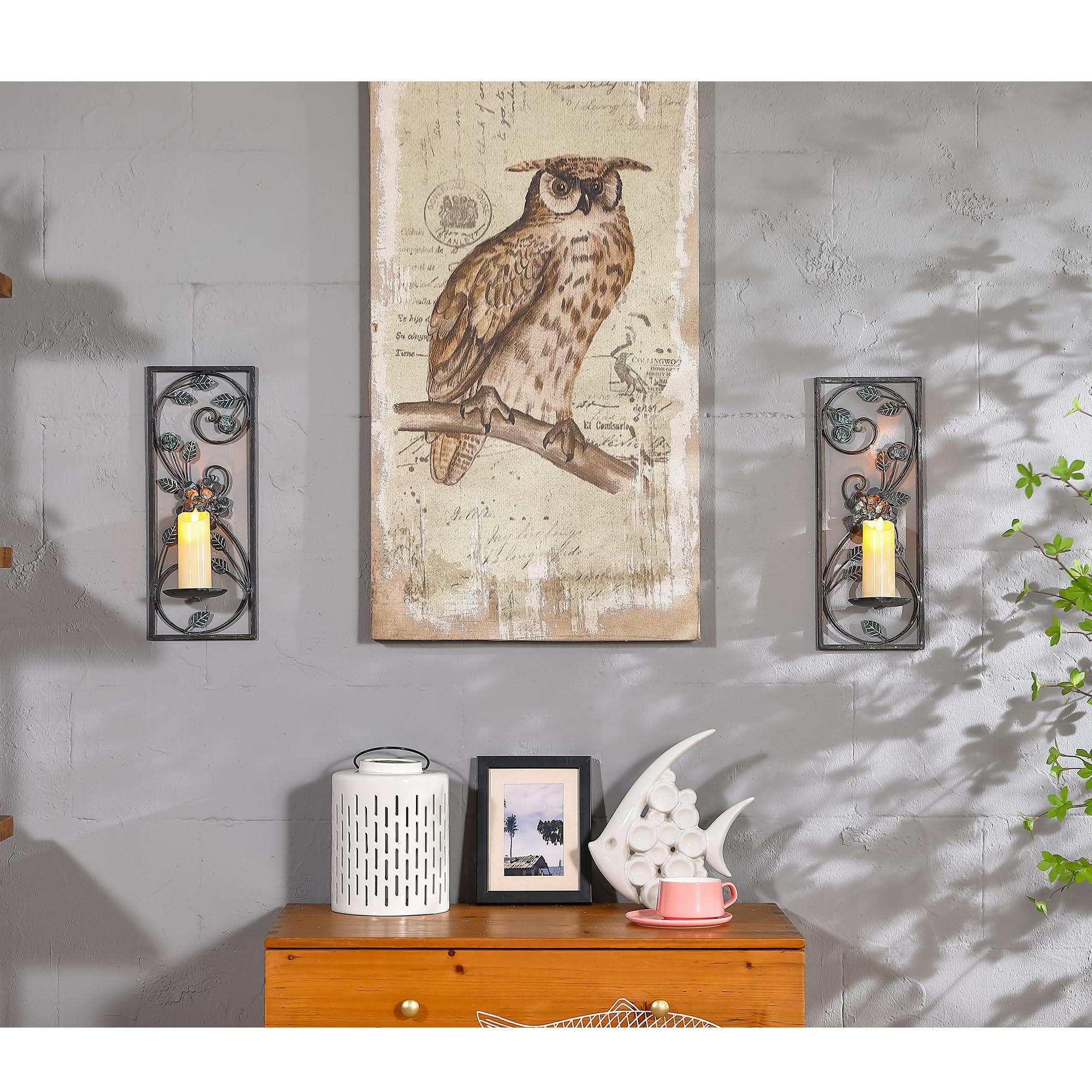 Scroll & Floral Metal Wall Candle Sconce Set of 2 - 16.5