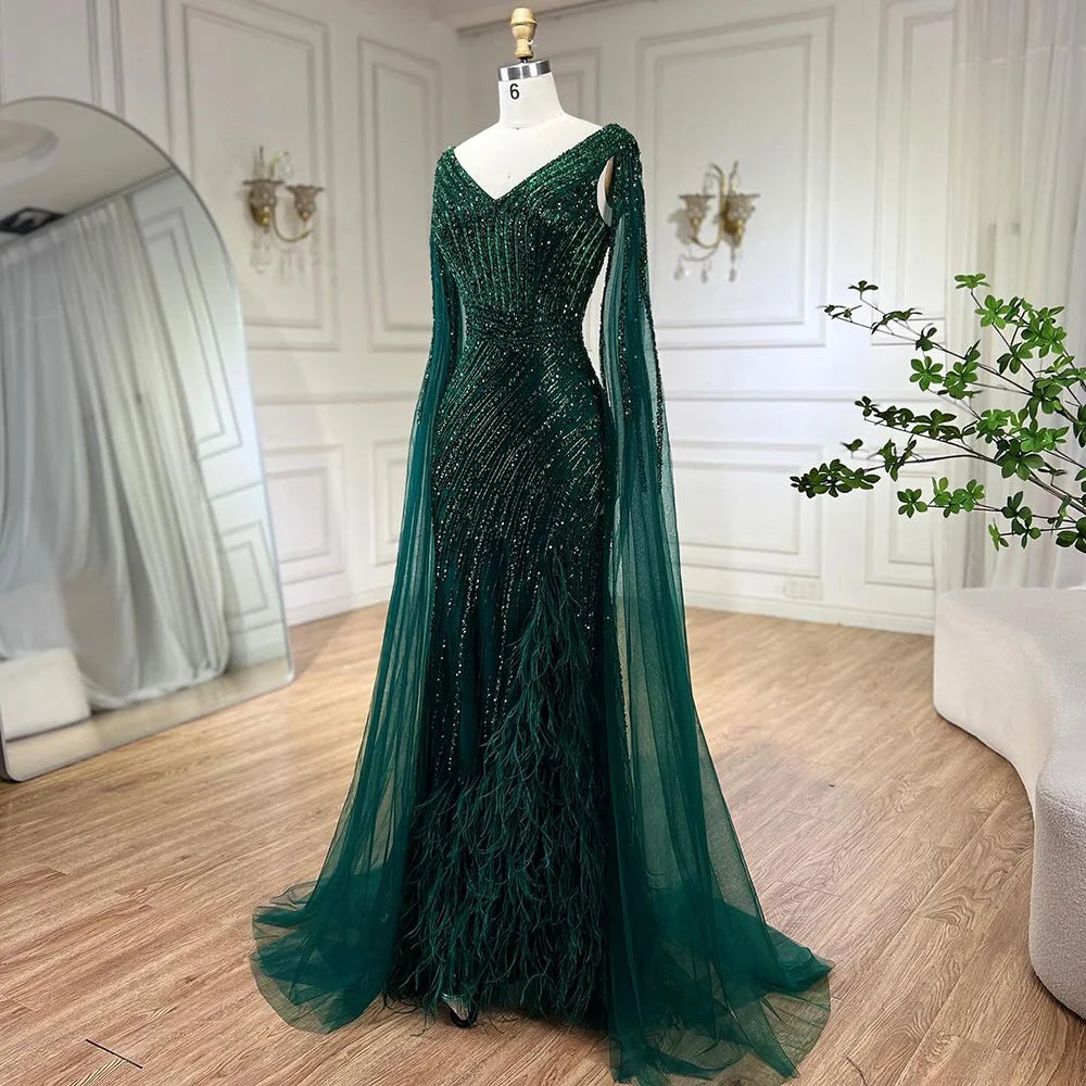 Serene Hill Black Mermaid Evening Gown with Cape Sleeves, High Slit & Beaded Feather Details - Elegant Women's Formal Dress for Prom, Gala & Special Occasions