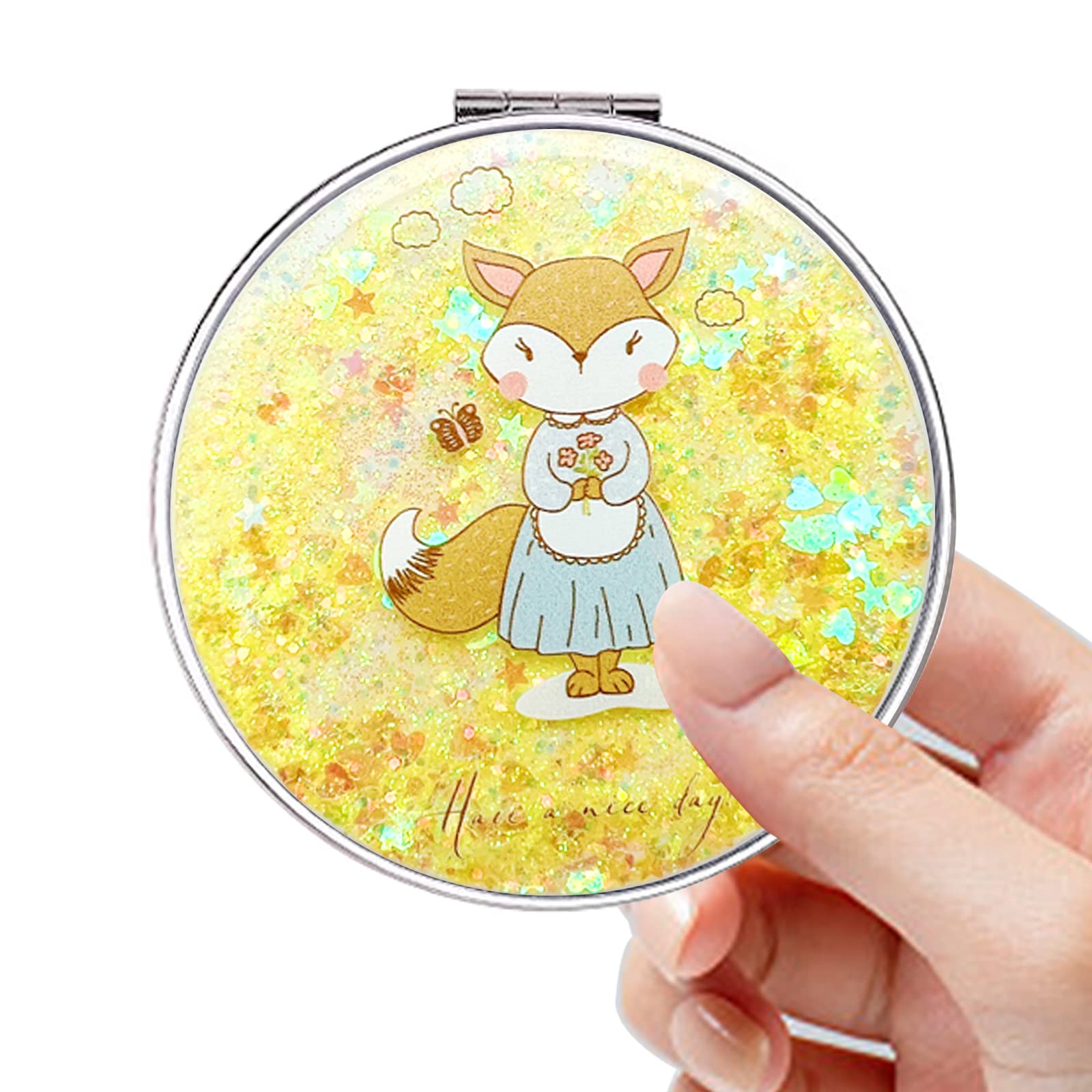 Acedada Portable Mini Travel Makeup Mirror - 2-Sided 1x/2x Magnifying Compact Mirror with Bling Quicksand for Women & Girls | Perfect for Purse, Travel, Makeup Touch-ups & Gifts (Yellow Fox)