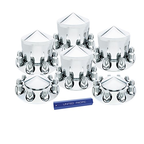 United Pacific Chrome Pointed Axle Cover Combo Kit with 33mm Nut Cover for Semi Trailer - Thread-On Installation - Heavy Duty Truck & Trailer Axle Protection for Long Haul & Commercial Use