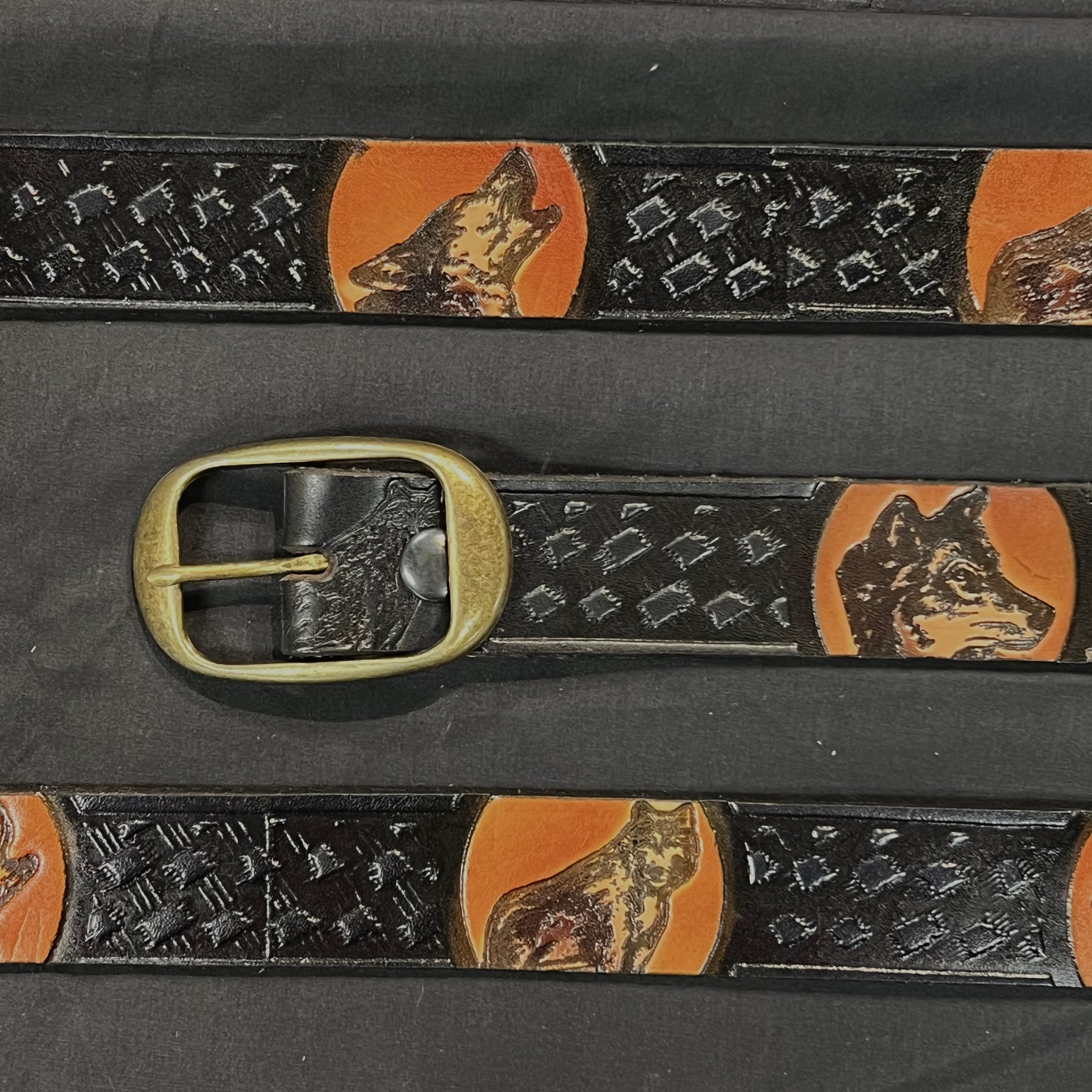 Handmade Leather Belt with Wolf Scene Design - Durable & Stylish for Outdoor Adventures and Casual Wear
