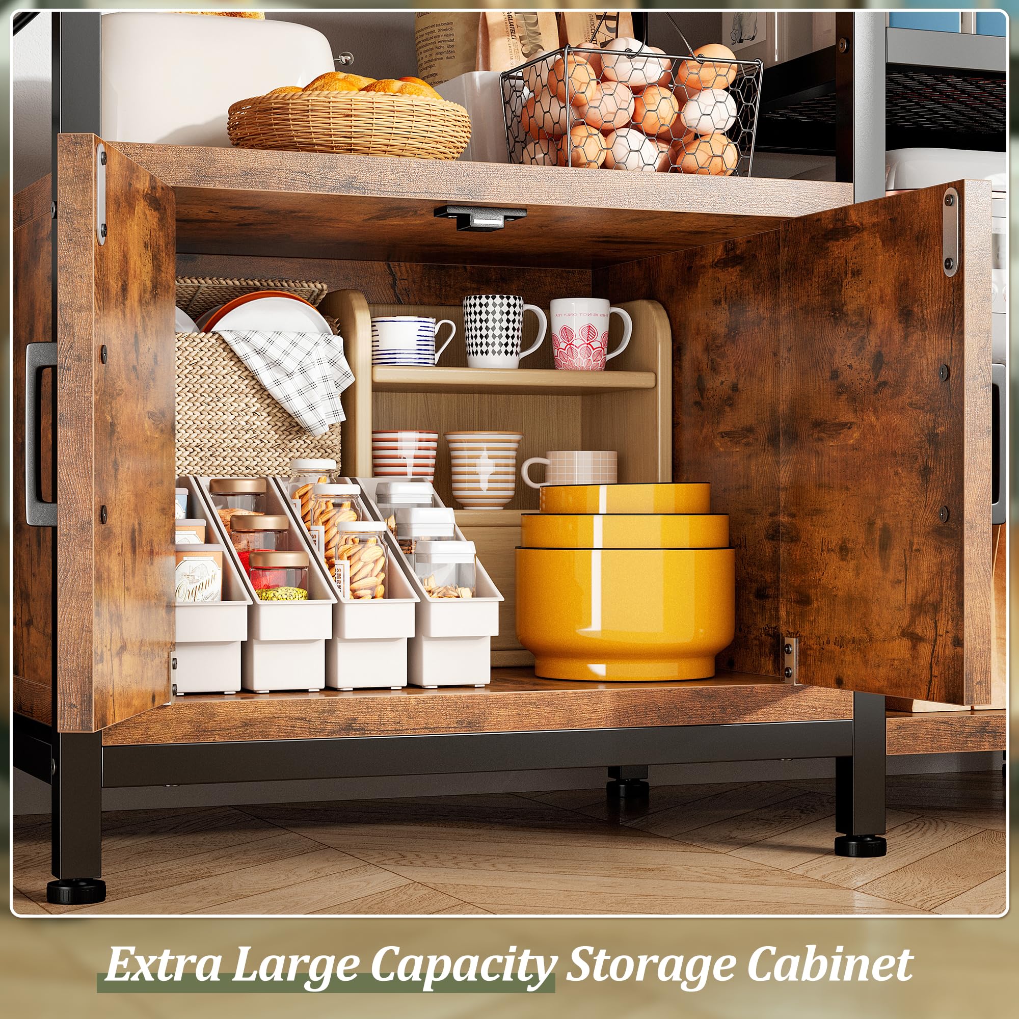 EnHomee 6-Tier Bakers Rack with Power Outlet & Storage Cabinet - Rustic Brown Kitchen Utility Shelf with Side Hooks | Perfect for Coffee Bar, Microwave Stand & Kitchen Organization