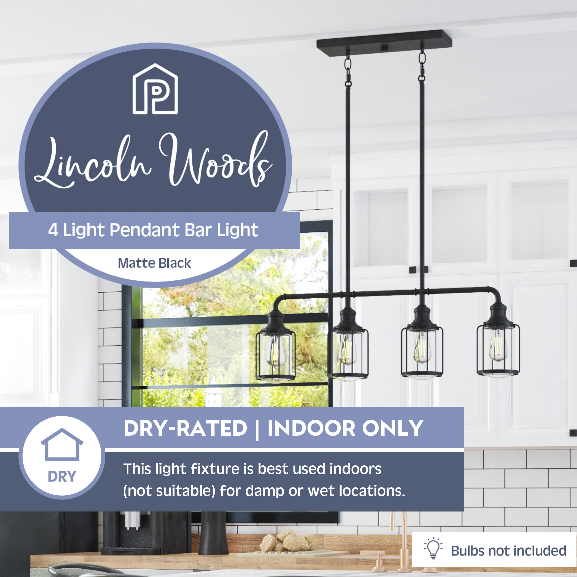 Lincoln Woods Linear Pendant Light - 4-Light Matte Black Modern Farmhouse Lighting for Kitchen Island, Dining Room, or Entryway