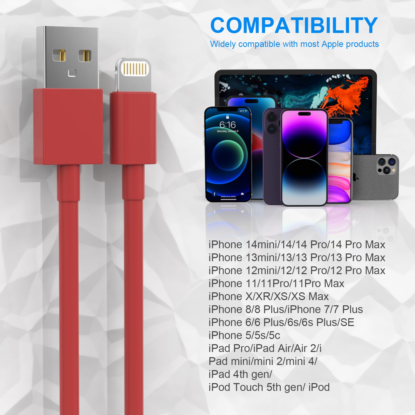 Apple MFi Certified USB C to Lightning Cable 5-Pack (6FT) - Fast Charging Cord for iPhone 14/13/12/11/Pro Max/XR/XS/X/8/7/6 Plus/SE - Perfect for Home, Office & Travel - Red