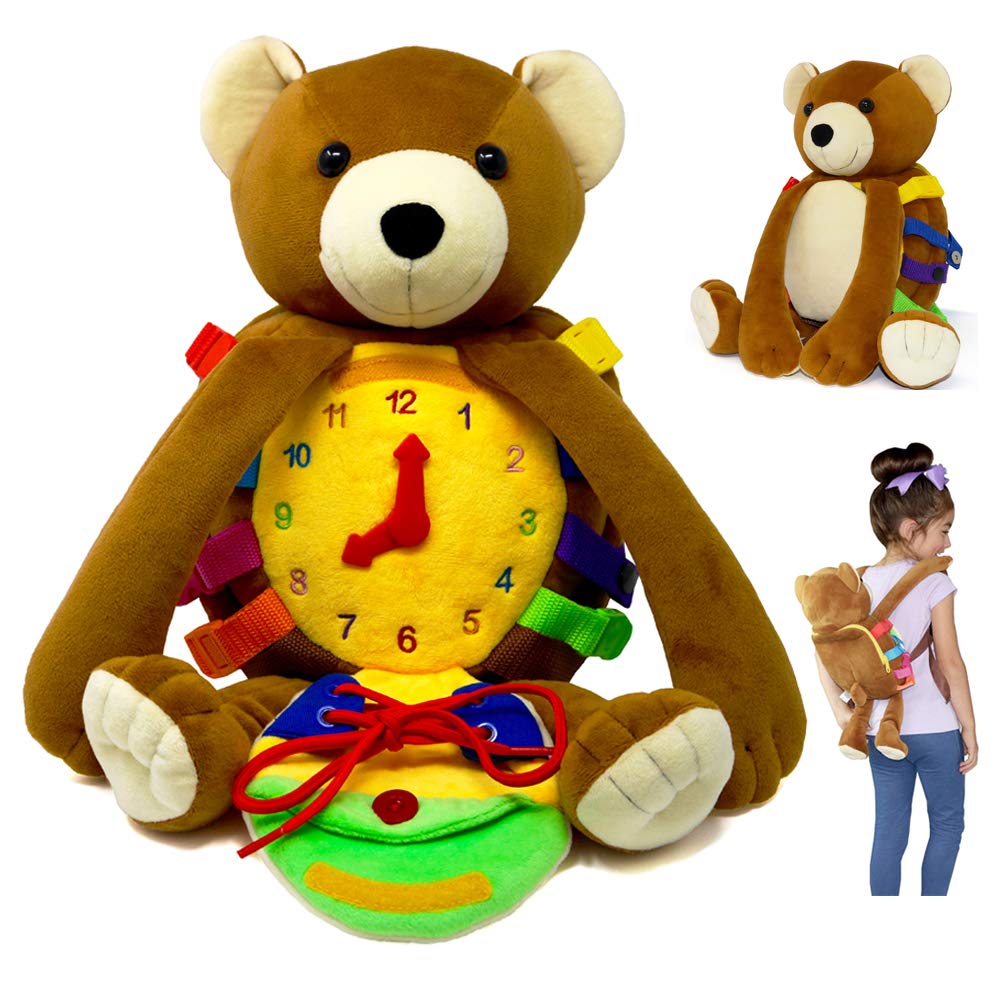 Buckle Toys Billy Bear Backpack - Toddler Learning Activity Backpack & Stuffed Animal for Fine Motor Skills Development - Soft Plush Travel Toy for Kids - Perfect for Preschool, Daycare & Airplane Travel