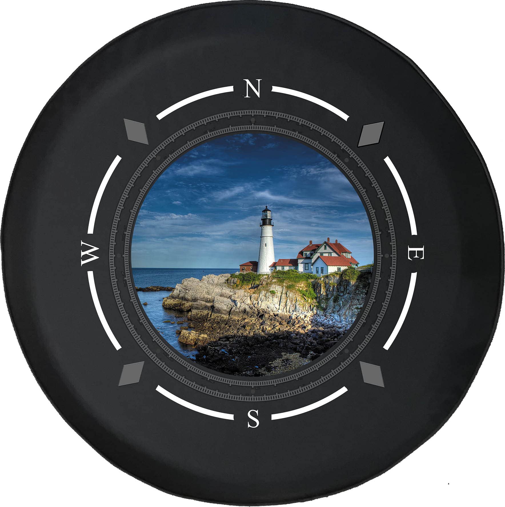 Premium American Unlimited Spare Tire Cover with Compass & Maine Lighthouse Design - Universal Fit for SUV, Trailer, RV & Most Vehicles | Durable Wheel Protection for Outdoor Adventures & Road Trips