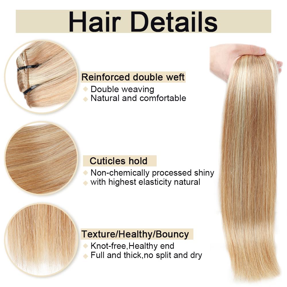 Premium 8pcs Brazilian Remy Human Hair Clip-in Extensions - 16 Inch Straight Golden Brown to Blonde (#12/613) 120g - Natural Look for Daily Wear, Parties & Special Occasions