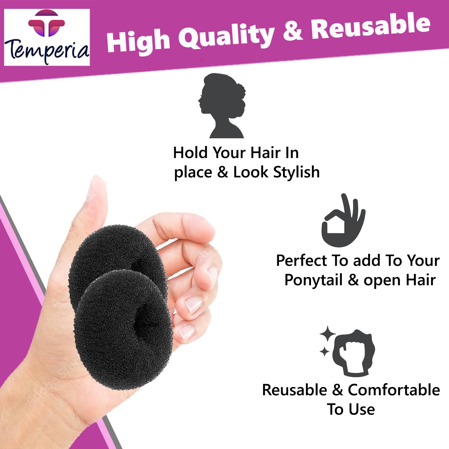 TEMPERIA Hair Donut Bun Maker for Women & Girls - 3-Piece Set (Small, Medium, Large) - Puff Juda Bun Shaper Tool - Perfect Hair Accessories for Updos, Ponytails & Formal Events