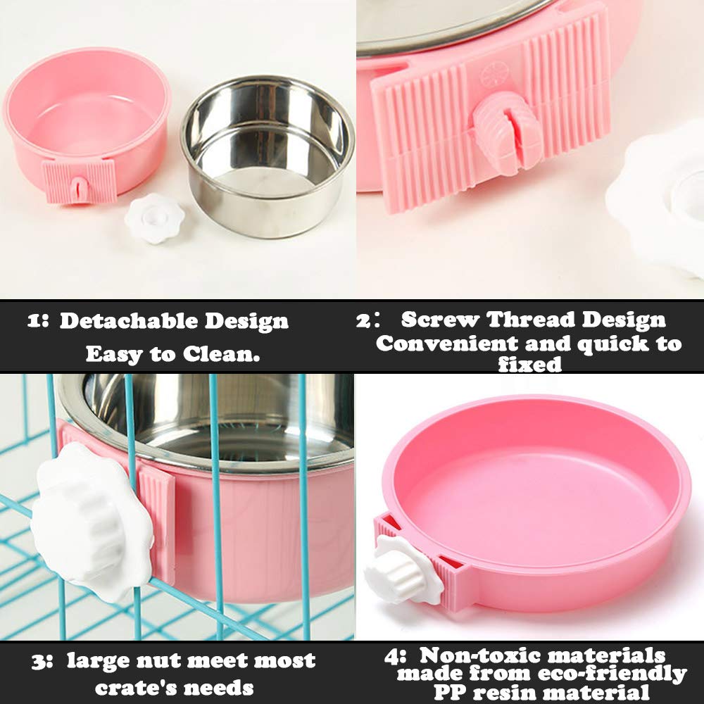Love Dream Crate Removable Stainless Steel Hanging Pet Bowls - Food & Water Feeder for Kennel, Cage, Coop - Perfect for Cats, Dogs, Rabbits & Small Animals (Large, Pink) - Ideal for Travel, Camping & Home Use