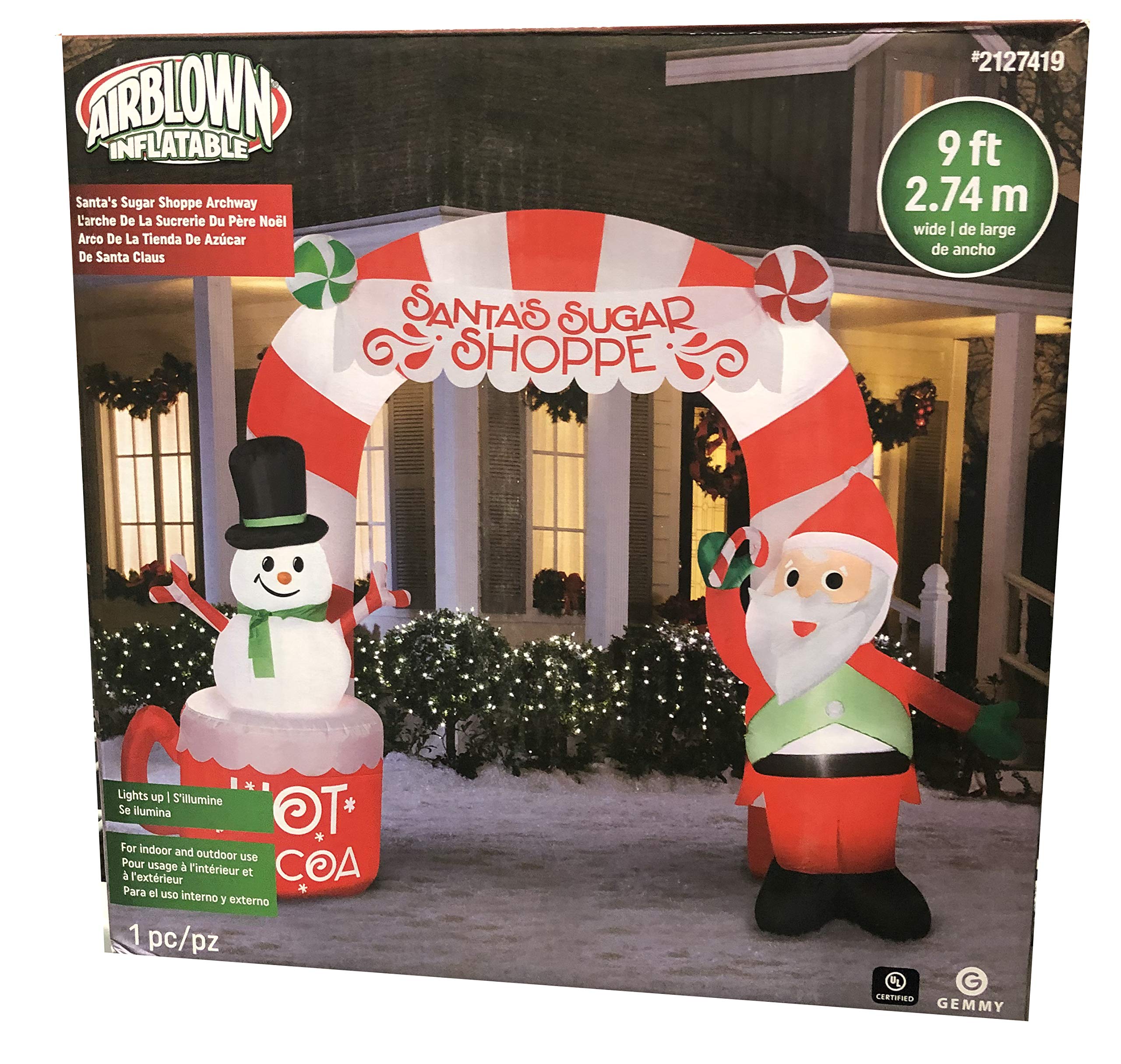 Gemmy 9Ft Wide x 7Ft Tall Inflatable Santa with Snowman Christmas Decoration - Hot Chocolate Scene with Candy Cane Archway - Indoor Outdoor Holiday Decor for Yard, Garden & Home