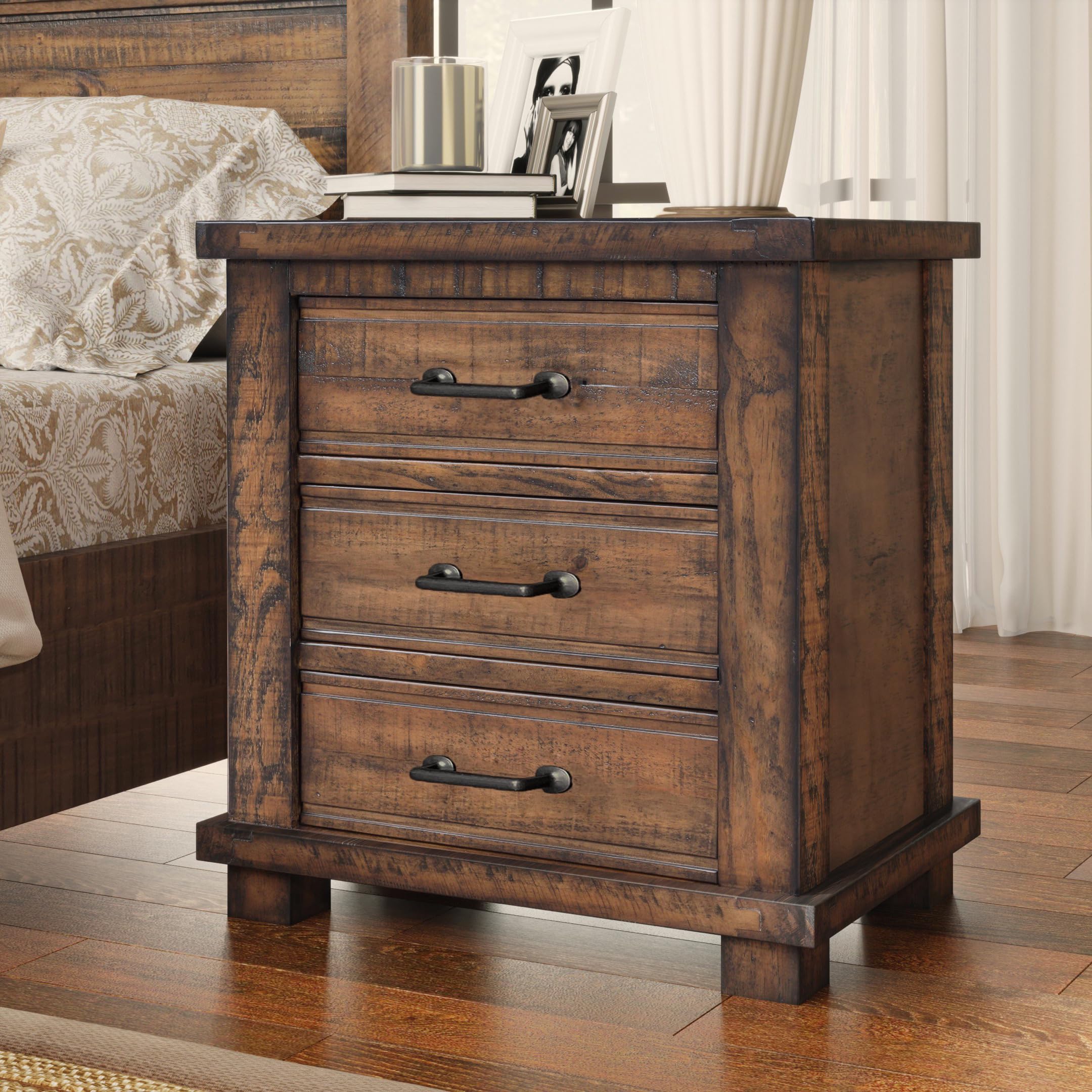 Rustic Reclaimed Pine Wood Nightstand with 3 Storage Drawers - Full Extension Drawer Slides & Antiqued Zinc Pulls - Bedside Table for Bedroom, Living Room, Guest Room - Perfect for Small Spaces & Home Decor