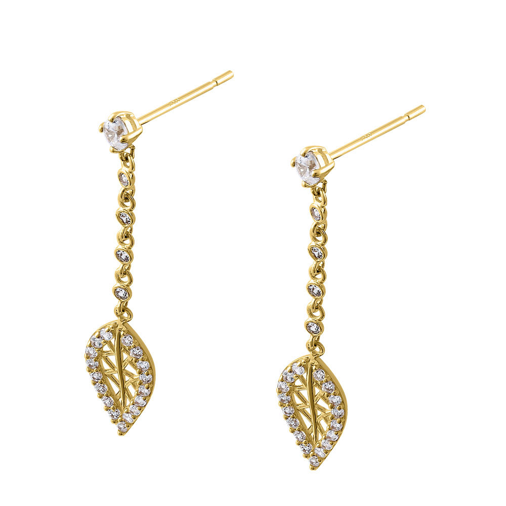 14K Yellow Gold Leaf CZ Dangle Earrings for Women - Elegant Cubic Zirconia Drop Earrings - Perfect for Weddings, Parties & Everyday Wear