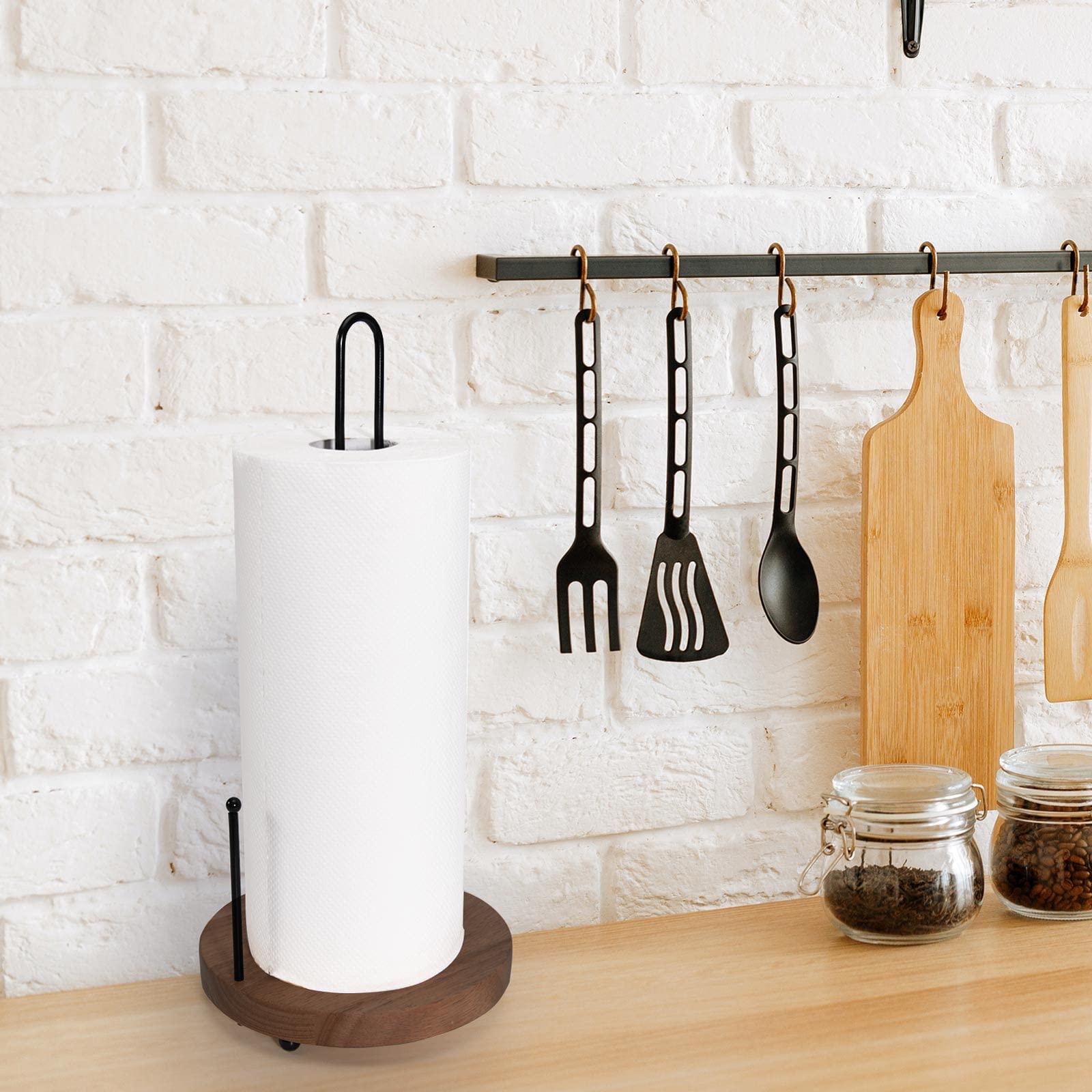 Lorbro Rustic Farmhouse Paper Towel Holder - Heavy Duty Wood Base Countertop Stand for Kitchen, Bathroom, and Home Decor - Brown