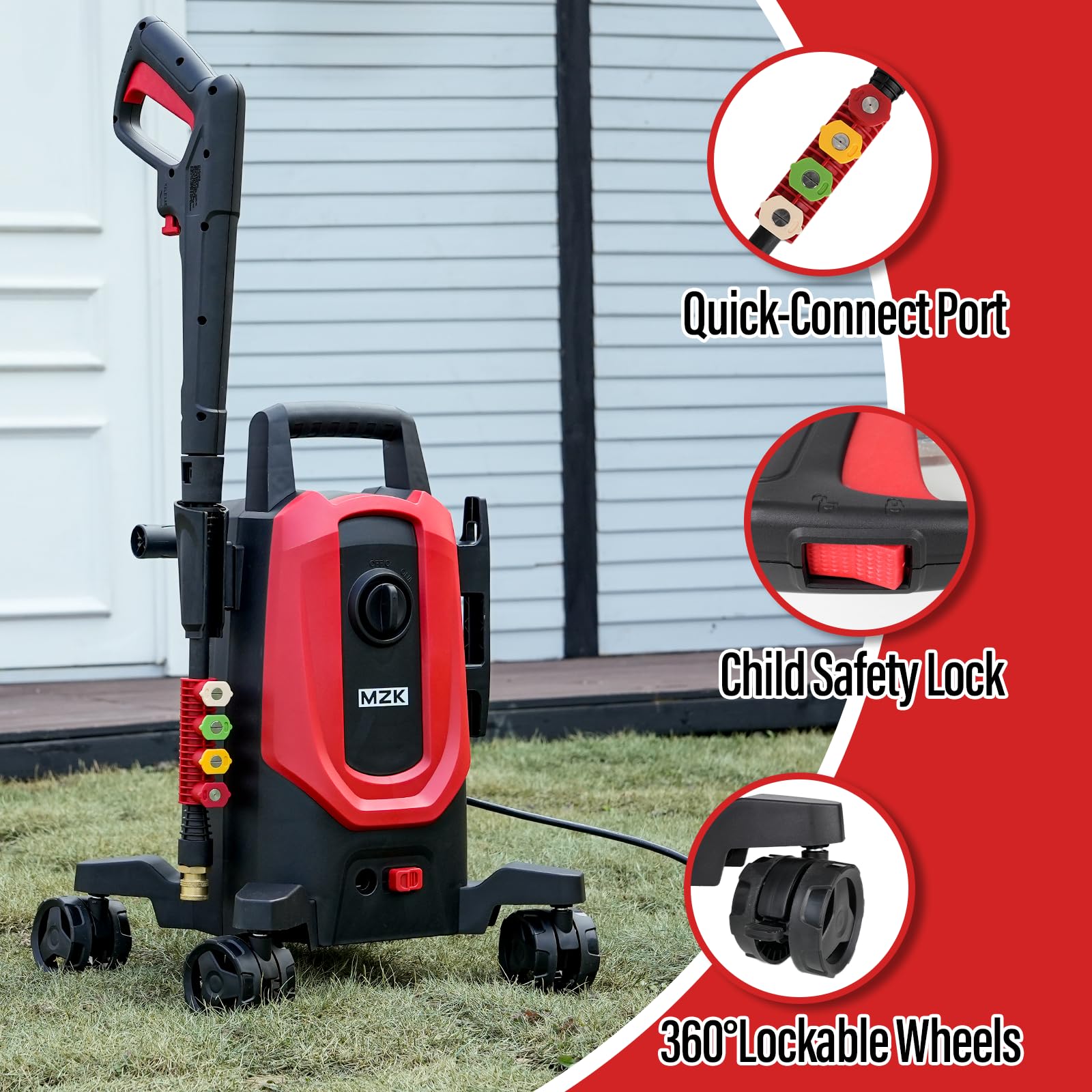 MZK 4500 PSI Electric Pressure Washer - 3.0 GPM High Power Washer with 360° Lockable Wheels, 4 Quick-Connect Nozzles & Foam Cannon - Ideal for Cleaning Cars, Fences, Driveways, Patios & Outdoor Surfaces