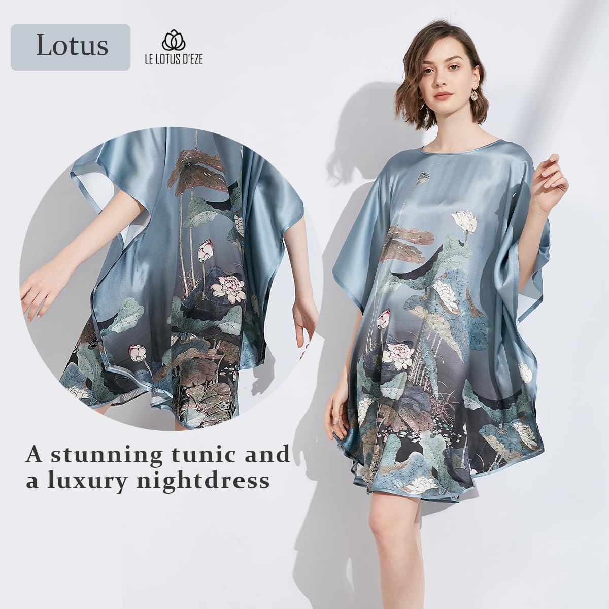 100% Pure Mulberry Silk Batwing Tunic Dress & Luxury Nightgown - Plus Size 2-in-1 Design for Women, Oversized Comfort for Lounge, Sleepwear & Elegant Evening Wear