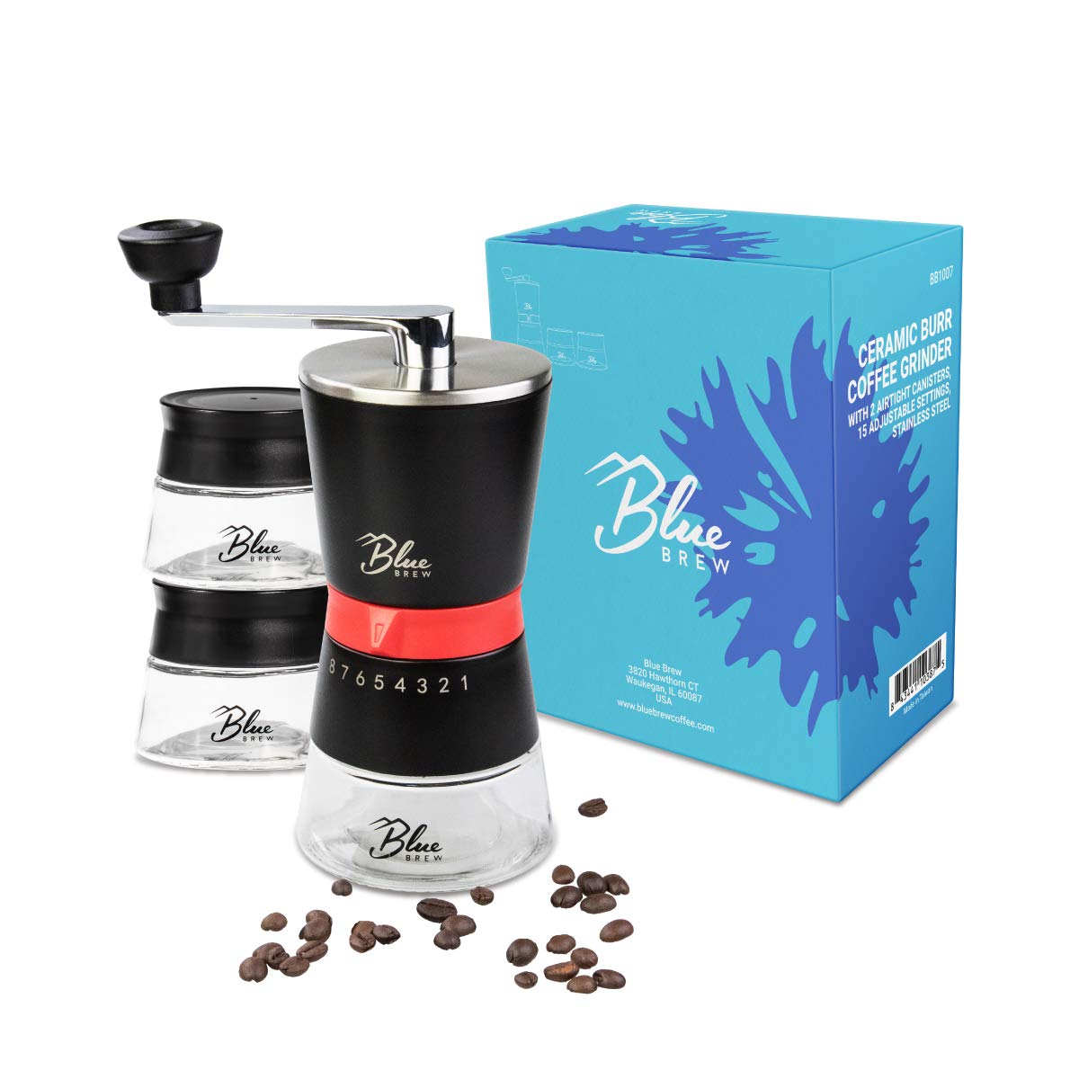 Premium Manual Coffee Grinder with Ceramic Burr - 15 Adjustable Settings & 2 Airtight Glass Jars - Portable Hand Crank Coffee Mill for Espresso, French Press, Cold Brew - Perfect for Camping, Travel, Home & Office Use (BB1007)