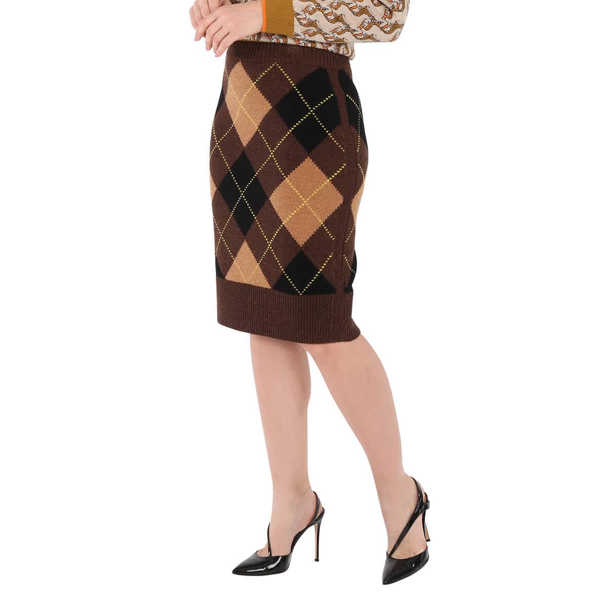 BURBERRY Women's Argyle Intarsia Wool Cashmere Pencil Skirt - Medium Size | Classic Plaid Design for Office, Party & Winter Fashion