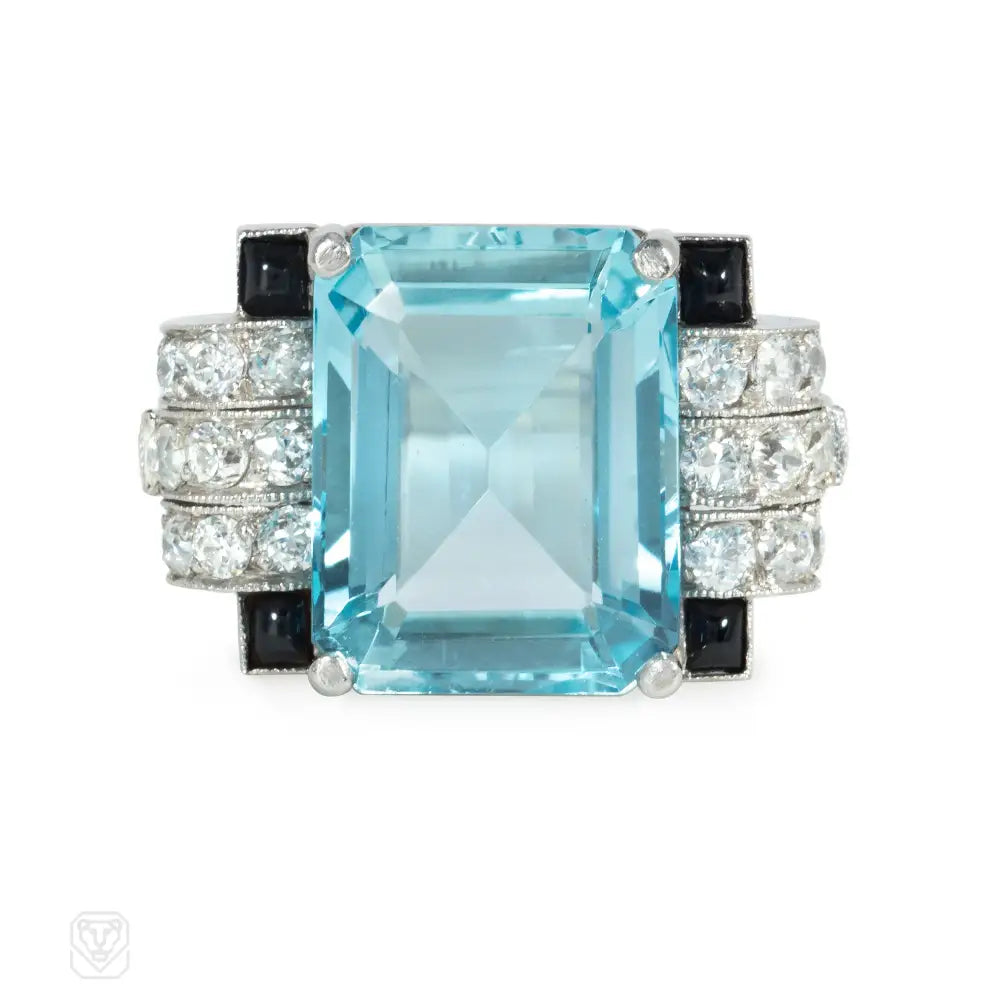 Art Deco Onyx, Diamond & Aquamarine Vintage Ring – Elegant Statement Jewelry for Weddings, Parties & Special Occasions
