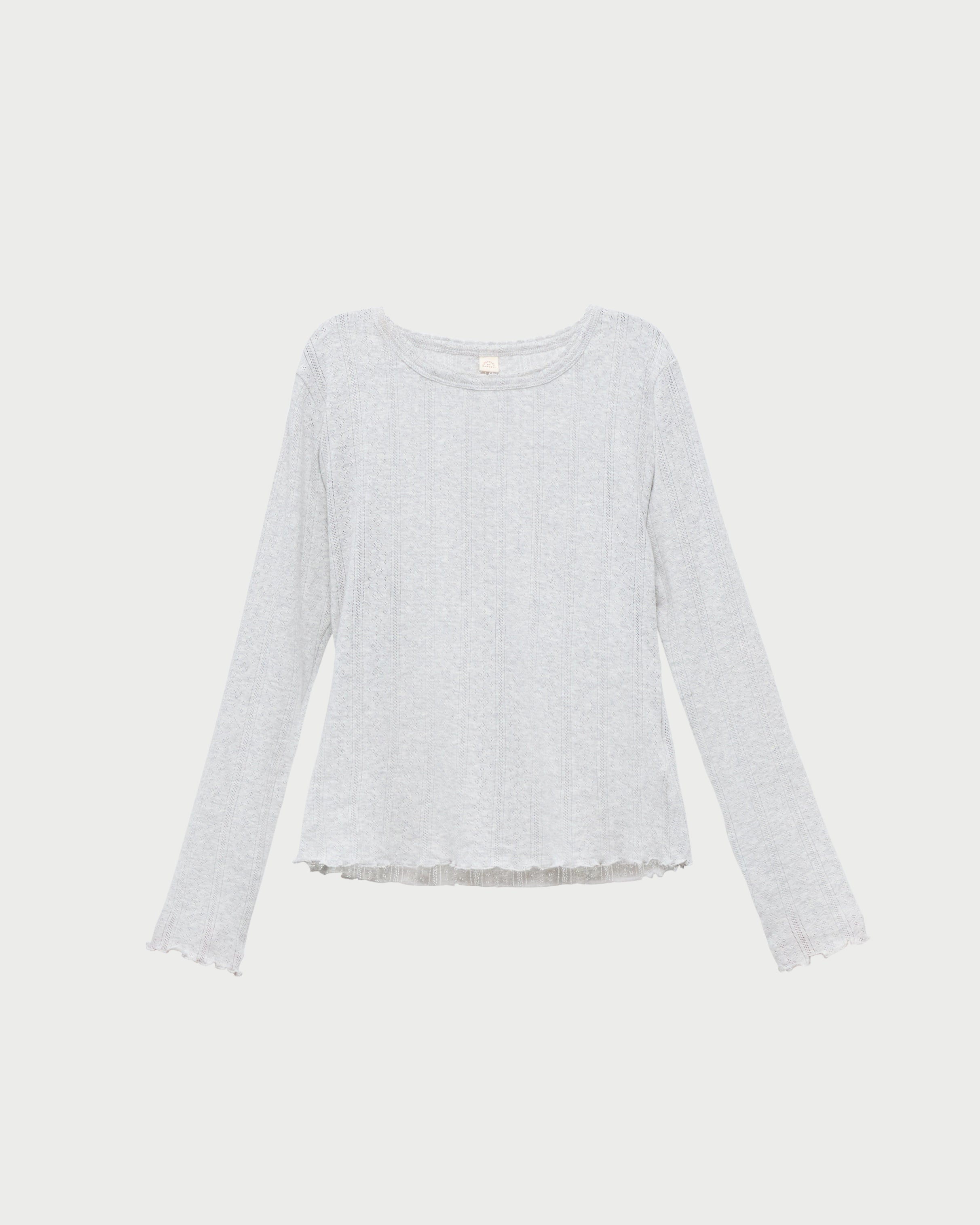 Lolo Grey Pointelle Long Sleeve T-Shirt for Women - Soft Knit Cotton Top for Casual Wear & Layering