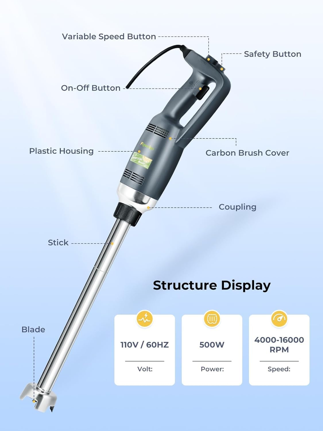 Commercial Heavy Duty Immersion Blender - 500W Variable Speed Handheld Mixer (4000-16000 RPM) with 20-Inch Removable Shaft & 50-Gallon Capacity - Professional Multifunction Stick Emulsifier for Large Batch Cooking, Catering, and Commercial Kitchens