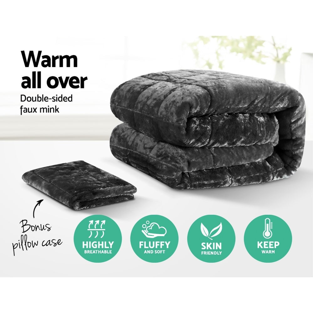 Luxury Faux Mink Fleece Throw Blanket - Soft Quilted Comforter & Duvet Cover - Charcoal Grey - Single Size for Bed, Sofa & Travel - Cozy Home Decor & Gift Idea