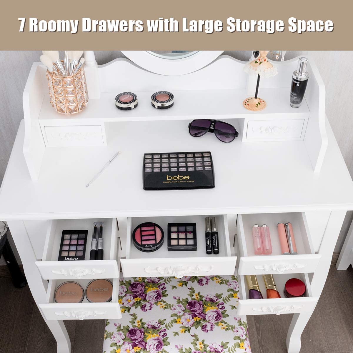 LDAILY Vanity Table Set with Cushioned Stool - White Makeup Dressing Table with Tri-Folding Oval Mirror, 7 Storage Drawers & Detachable Writing Desk for Women & Girls | Perfect for Bedroom, Dressing Room & Home Beauty Station