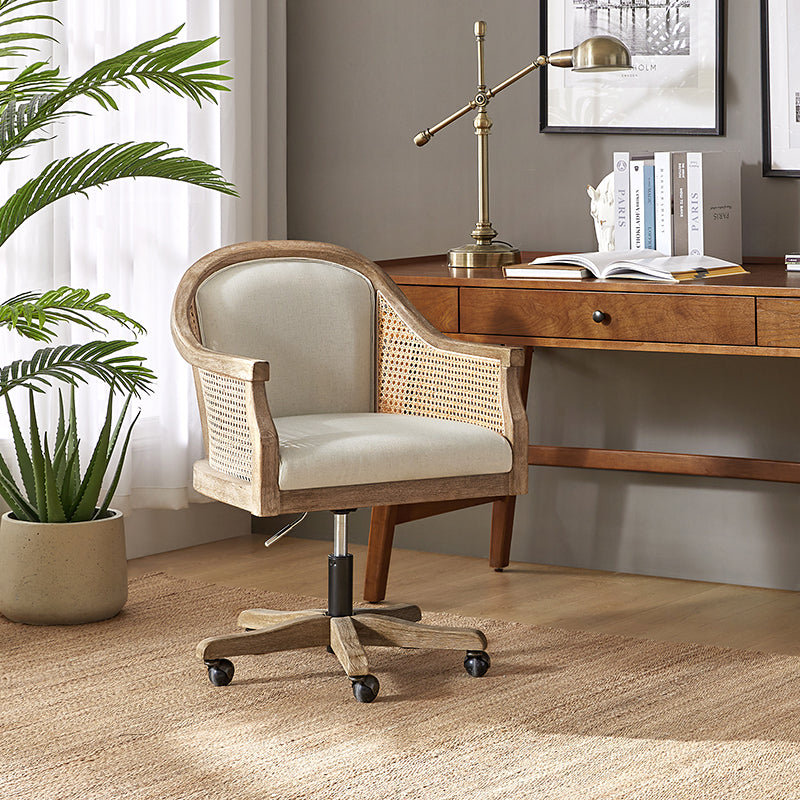 Audrey Task Accent Chair with Rattan Arms - Modern Home Office Chair for Small Spaces, Comfortable Writing Desk Chair with Woven Rattan Backrest - Perfect for Study Rooms, Living Rooms & Cozy Corners
