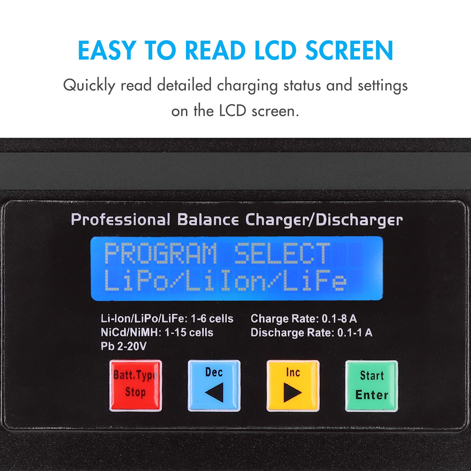 Tenergy TB6AC+ 80W Smart Balance Charger Discharger for 1S-6S LiPo/LiFe/NiMH/NiCd Batteries - LCD Display with Tamiya/JST/EC3/HiTec/Deans Connectors - Perfect for RC Cars, Drones, and Airsoft Battery Charging