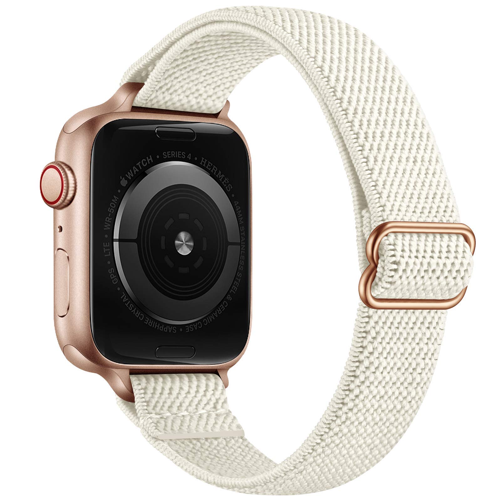 SICCIDEN Slim Stretchy Apple Watch Bands for Women - Elastic Nylon Thin Strap Compatible with iWatch Ultra 2/1, SE, Series 10/9/8/7/6/5/4/3/2/1 (46mm/49mm/45mm/44mm/42mm) - Ivory White & Rose Gold - Perfect for Workouts, Running, Yoga & Everyday Wear
