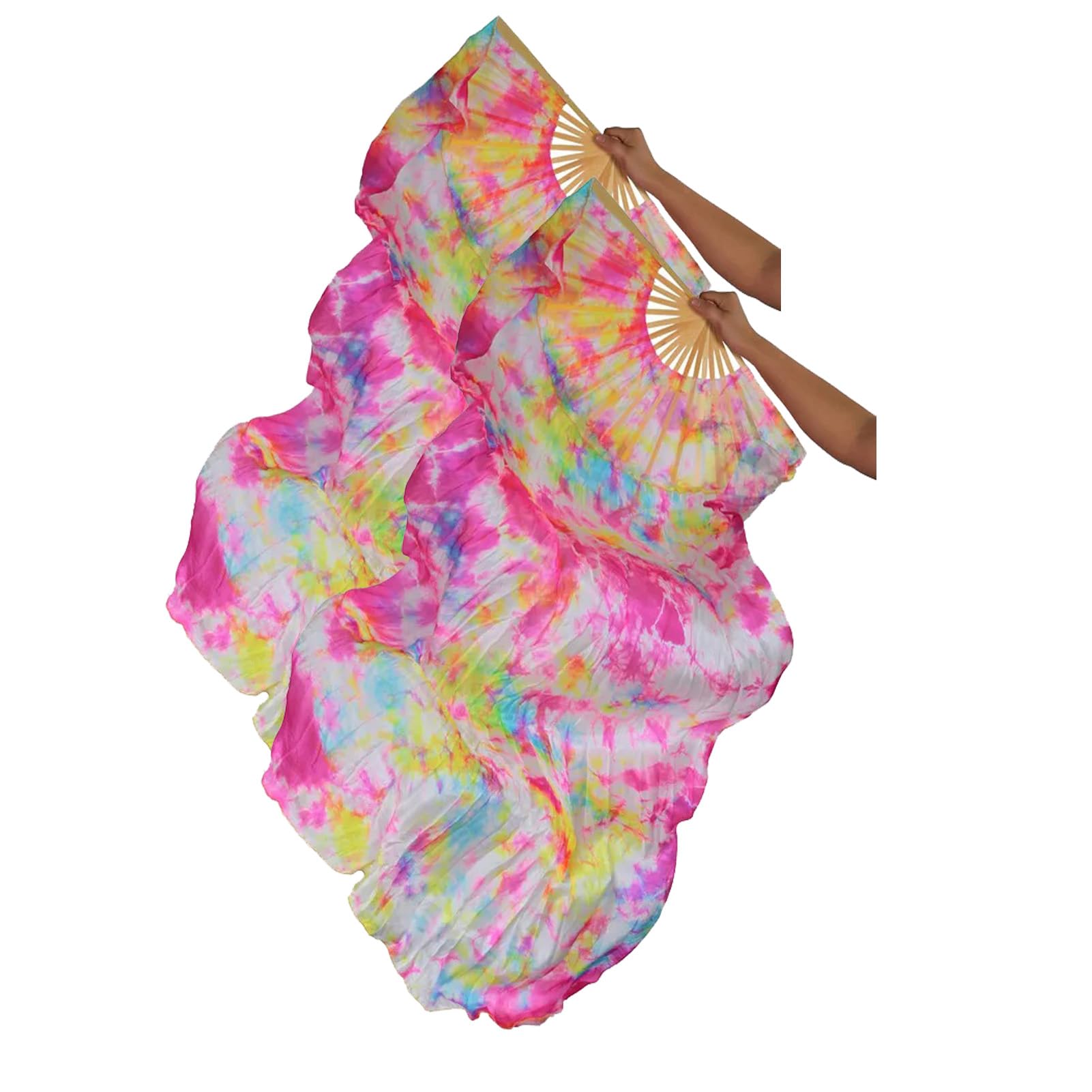 Handmade Real Silk Belly Dance Fans - Colorful Tie-Dyed Veils for Women, Perfect for Dance Shows, Performances, and Artistic Events