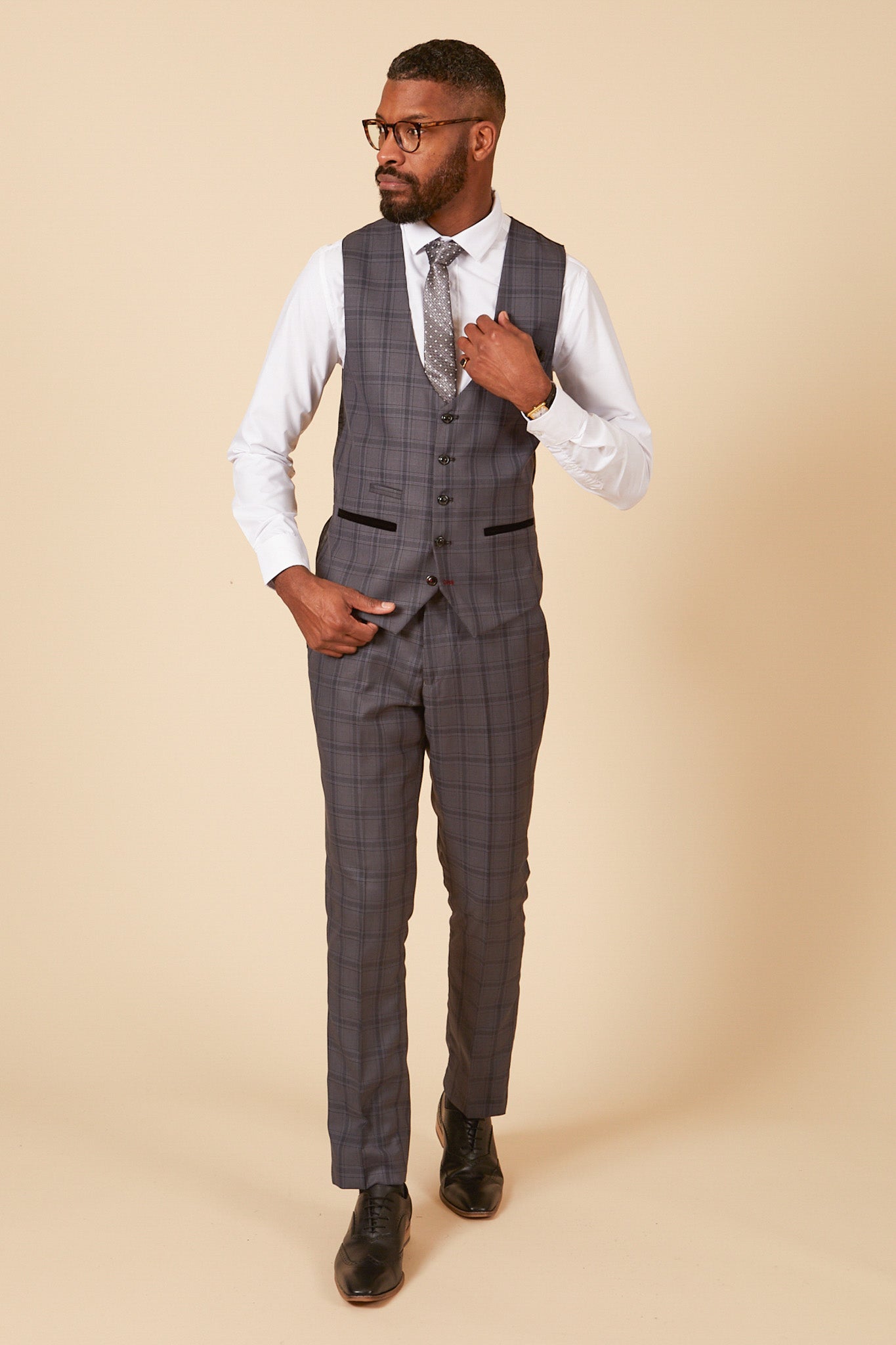 JOSE Men's Grey Check Single Breasted Waistcoat Vest - Formal & Casual Slim Fit for Business, Wedding & Office Wear