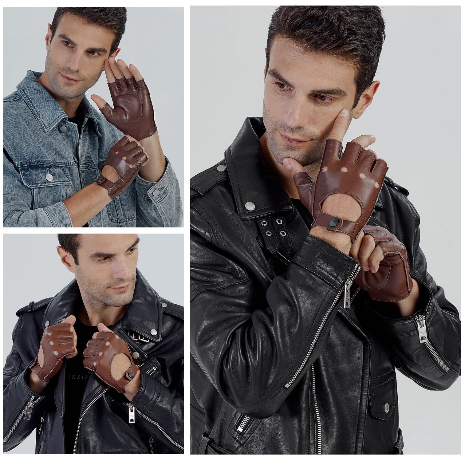 GSG Men's Fingerless Leather Gloves - Breathable Half Finger Gloves for Driving, Cycling & Motorcycle Riding - Perfect for Outdoor Sports & Commuting
