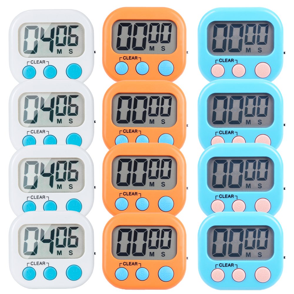 12 Pack Small Digital Kitchen Timer with Magnetic Back & ON/Off Switch - Minute/Second Count Up & Countdown (White, Blue, Orange) - Perfect for Cooking, Baking, Studying & Workout Timing