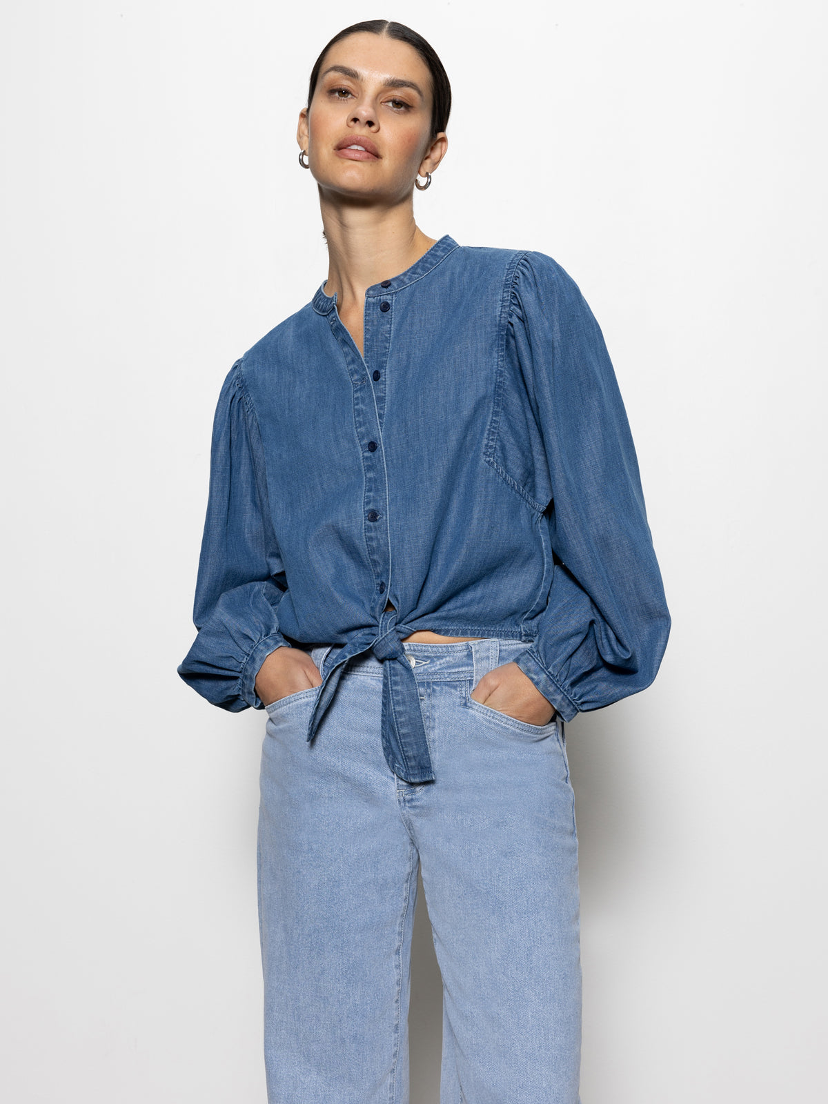 Tie Front Volume Blouse in Slate Blue | Women's Fashion Top for Work & Casual Wear | Perfect for Office, Date Night & Everyday Outfits